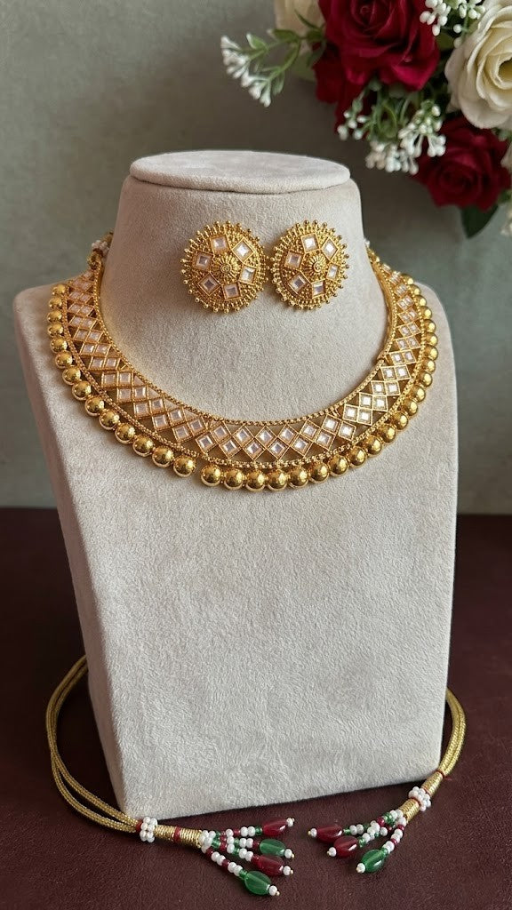 Gold-Plated Kundan Choker Set with Stud Earrings