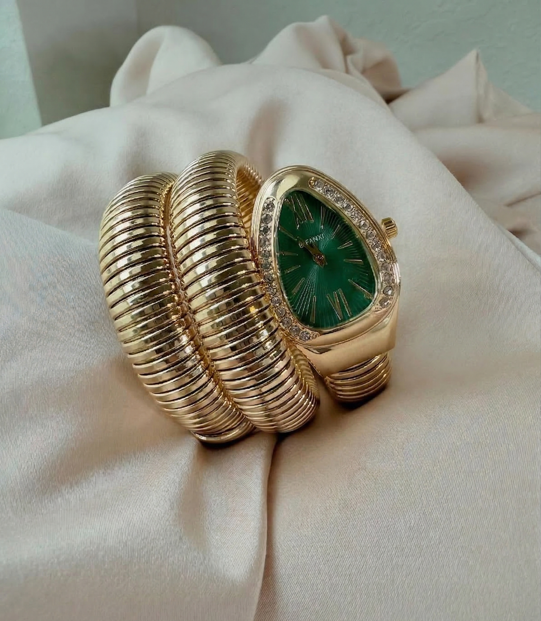 Emerald Snake Wrap Gold Bracelet Watch - CHEXE LIFESTYLE PRIVATE LIMITED