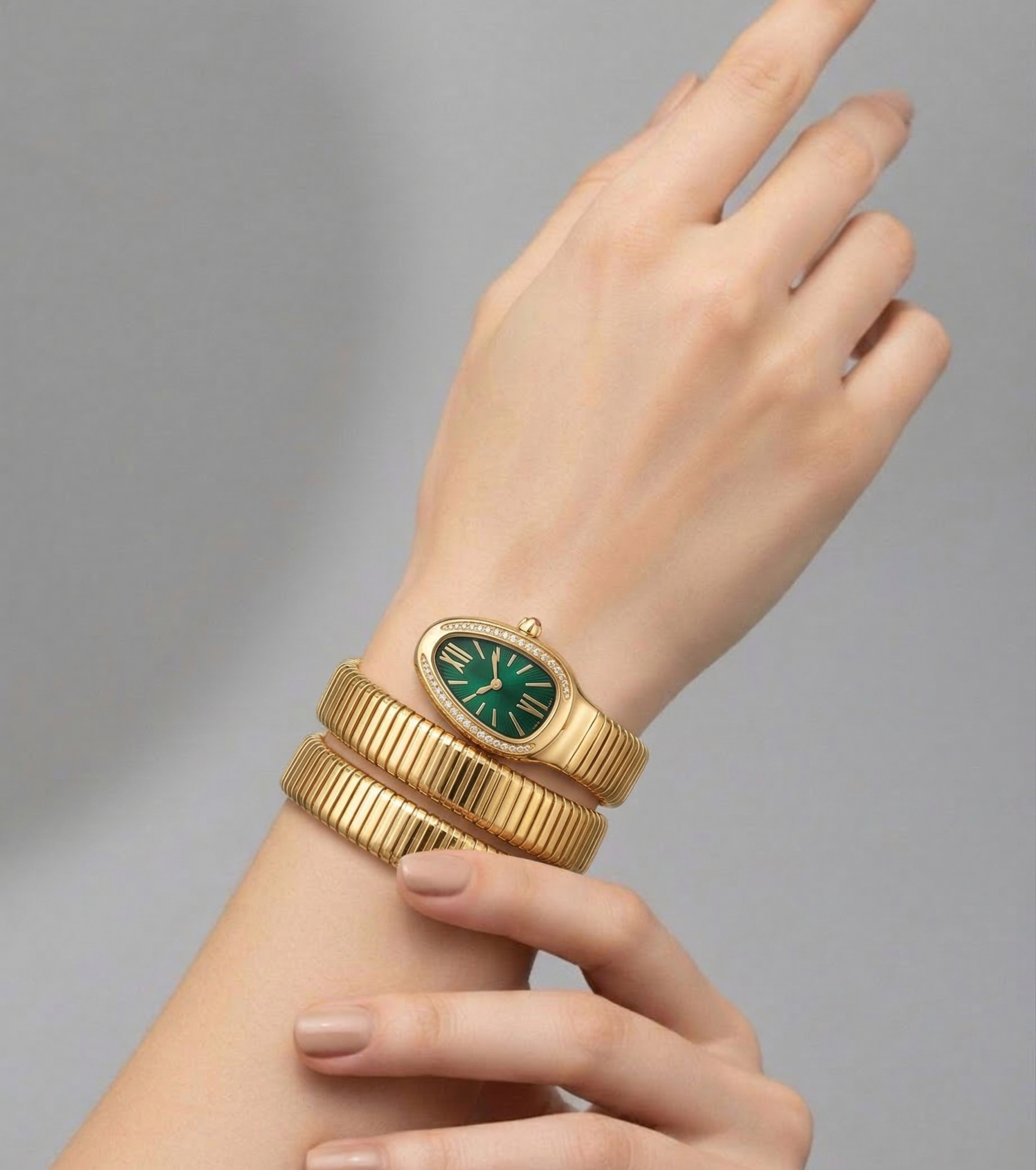 Emerald Snake Wrap Gold Bracelet Watch - CHEXE LIFESTYLE PRIVATE LIMITED