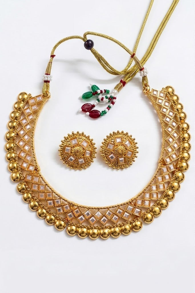 Gold-Plated Kundan Choker Set with Stud Earrings